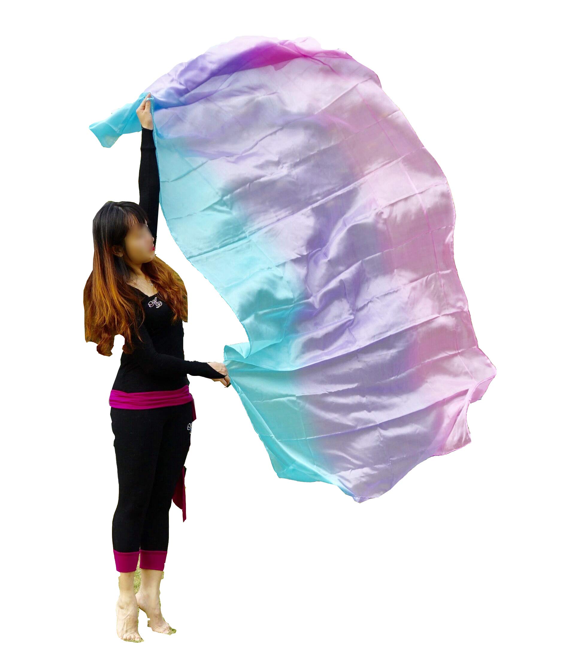 Winged Sirenny 3-Tone Flowy Luxury Bellydance Silk Scarf with Hand Rolled Edges, Lightweight Liquid Oriental Dance Veil, pale(turquoise/purple/pink)