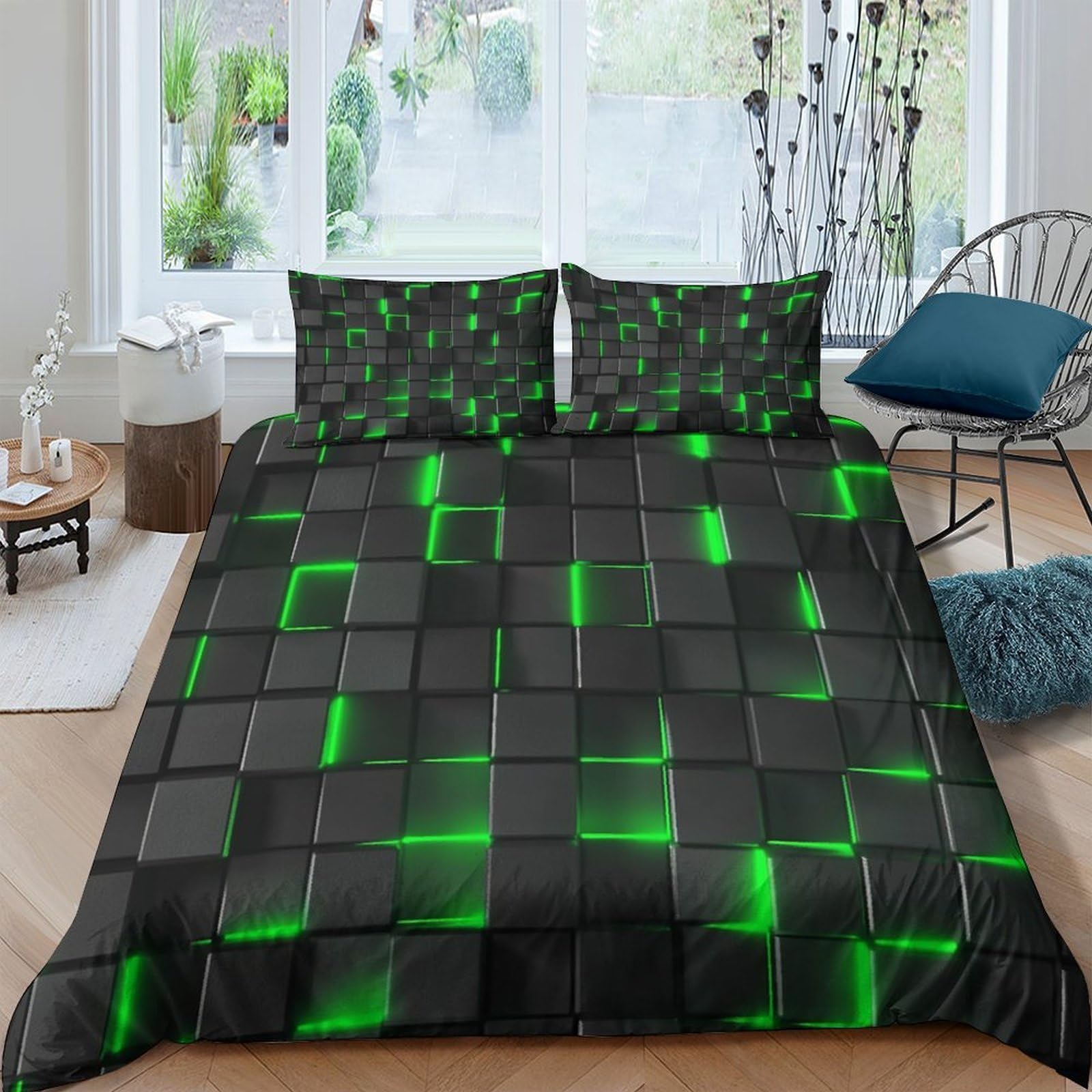 Ctjqhvkz Style-7 3D Printed Neon Green Grid Fitted Sheet Microfiber Soft Breathable Dark Block Mattress Cover For Bedroom Dorm Decor Single（135X200cm）