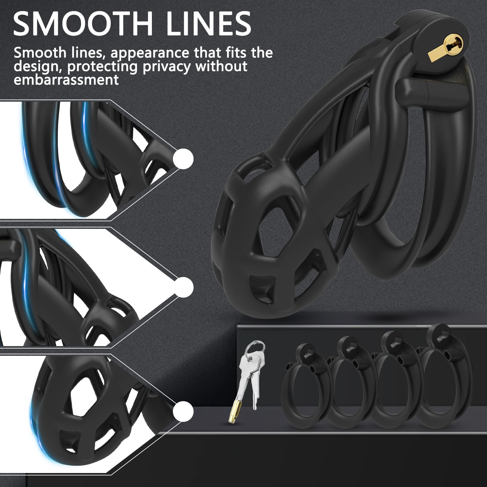 BDSMLOVE Jaula de castidad masculina Cobra 6.0, jaula para pene con 4 anillos para testículos, cinturón de castidad para hombres, juguete sexual extremo para hombres. (L)