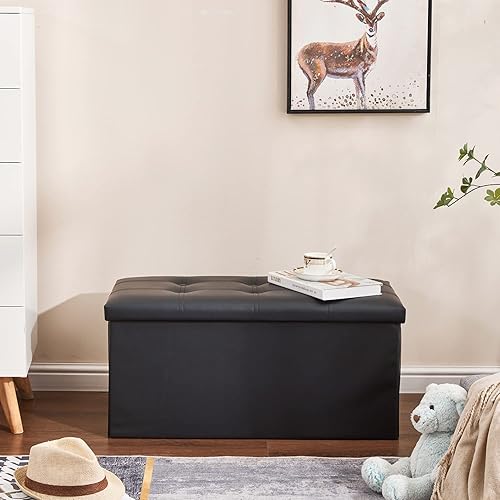 Vista 7 de Cpintltr Banco otomano plegable de piel otomana de 30 pulgadas, taburete tapizado para dormitorio, reposapiés con almacenamiento oculto para sala