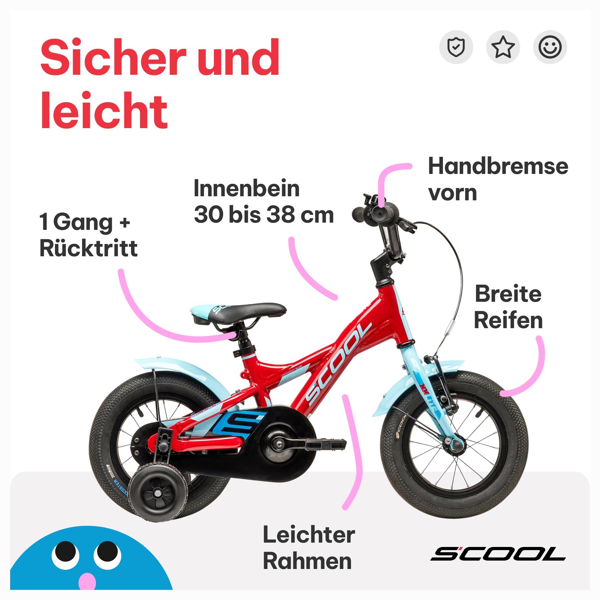 S’COOL XXlite Kinderfahrrad 12 Zoll – Jungenfahrrad – Fahrrad für Kinder 2–4 Jahre – Körpergröße ca. 85–100 cm – Leichtes Kinderrad