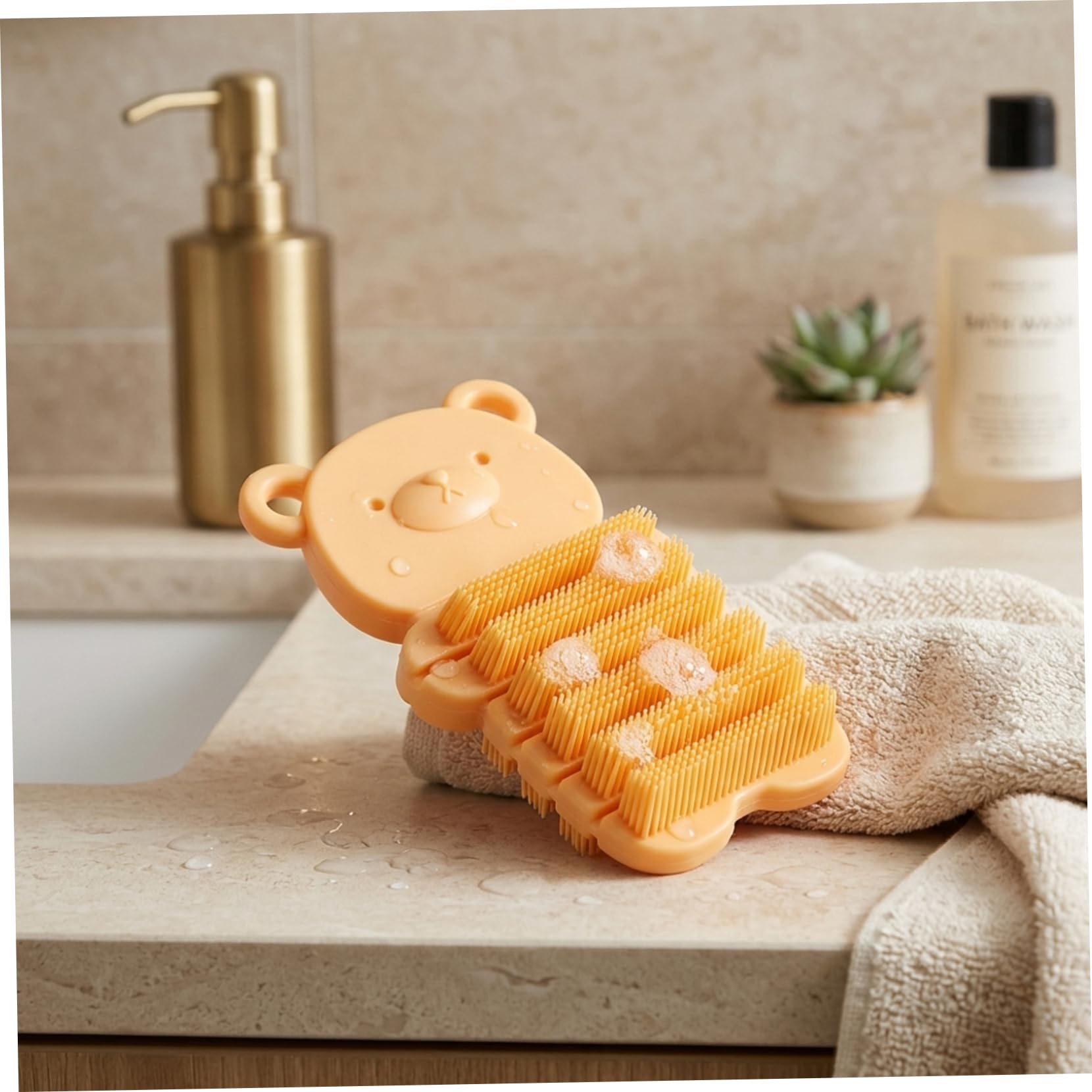 Cepillo de uñas para niños, cerdas suaves, cepillo suave para fregar uñas para niños pequeños, lindo diseño de oso para fomentar el lavado de manos, amarillo, limpieza