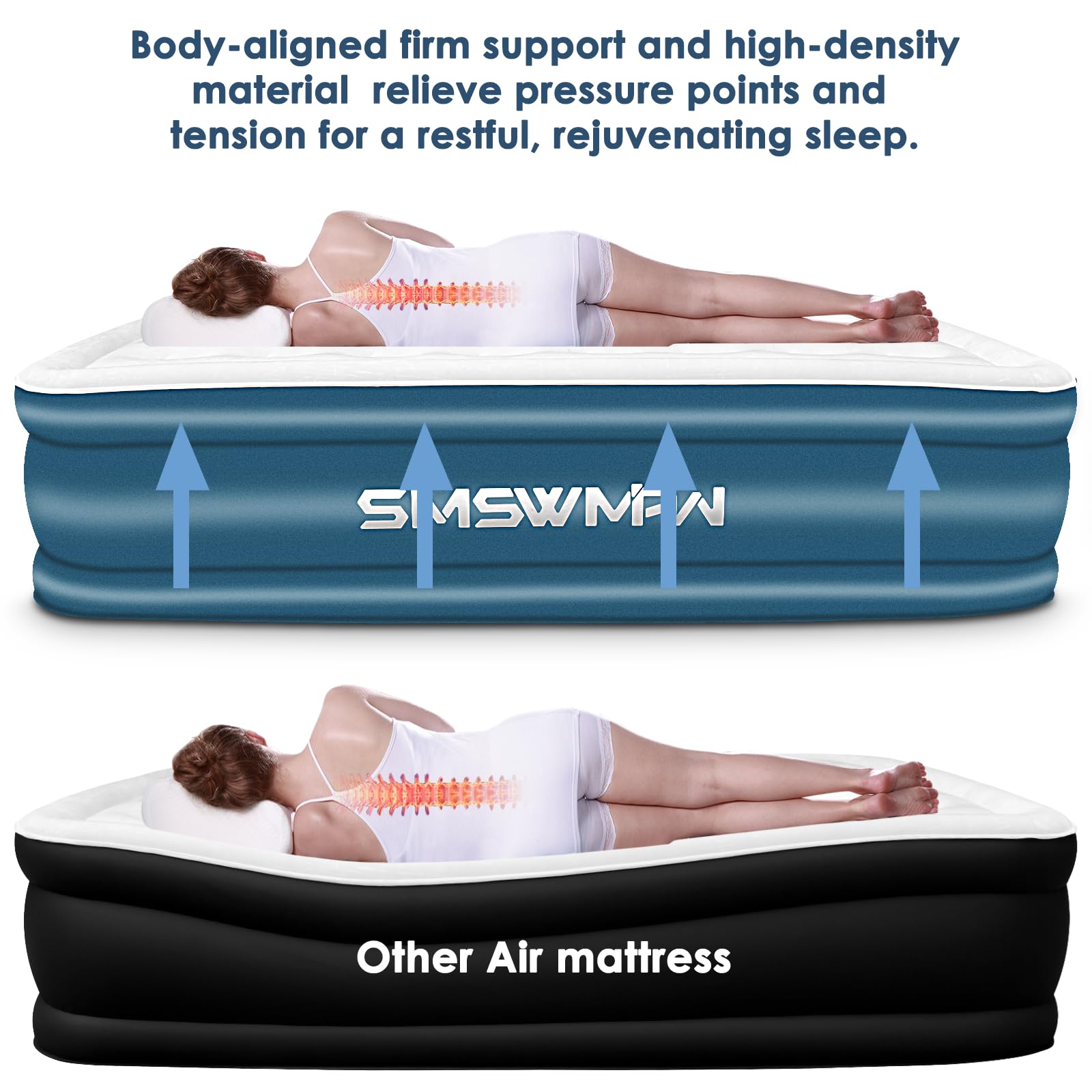 smswmaw Queen Air Mattress, Air Mattress with Built in Pump, 18" Elevated Blow Up Mattress Inflatable Bed with Self-Inflation/Deflation, Air Bed with a Carrying Bag for Camping, Travel, Guests