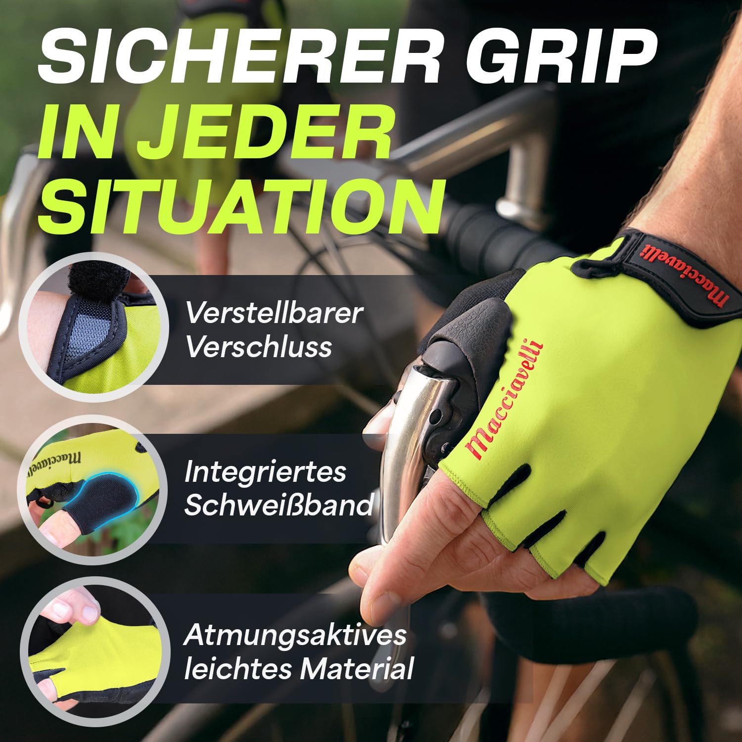 MACCIAVELLI Gants de cyclisme pour homme rembourrés respirants sans doigts avec inserts en gel VTT vélo route