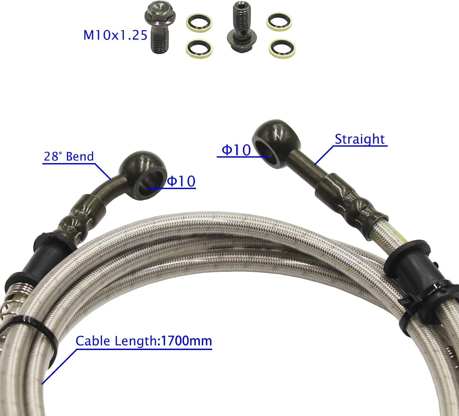1700mm 67 INCH Hydraulic Braided Brake Line Hose Cable M10 Banjo Bolts Motorbike Pit Dirt Bike ATV Quad Buggy GoKart