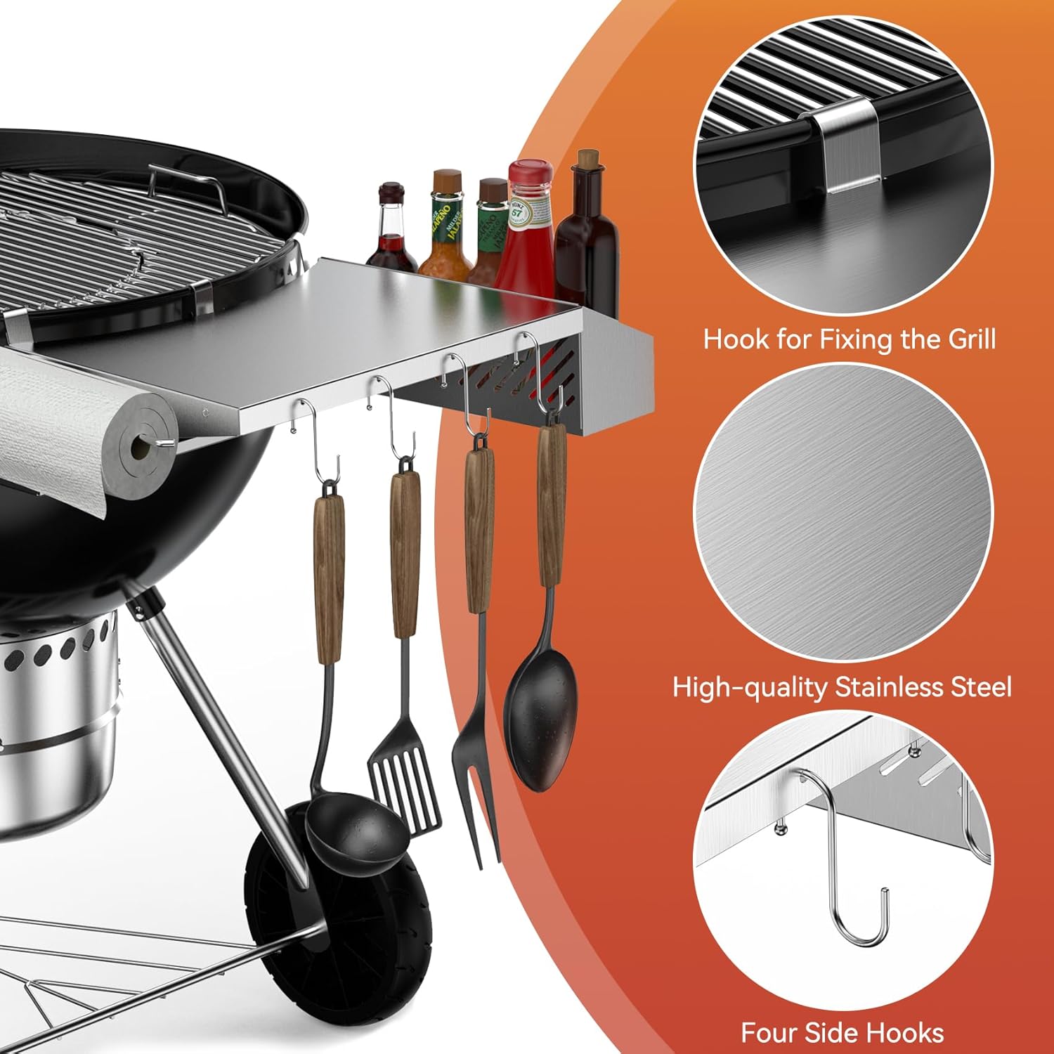 Charkettle Universal Metal Fridge Organizer Grill Cutlery Holder Towel Hanger and Kettle Grill Side Table Compatible with Weber 22 Inches