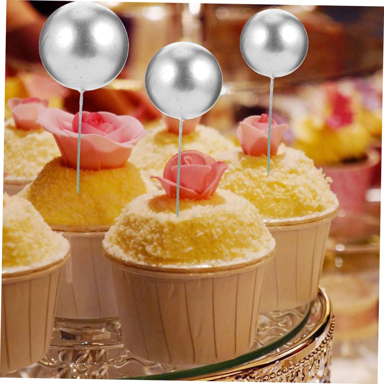 Amosfun 120 Stk Kugelkuchen Dessert-Topper Cupcake-Topper aus Schaumkugeln Kuchen Topper party dekoration birthday cake decoration Kuchenverzierungen Kuchendekorationen Eisendraht Silver