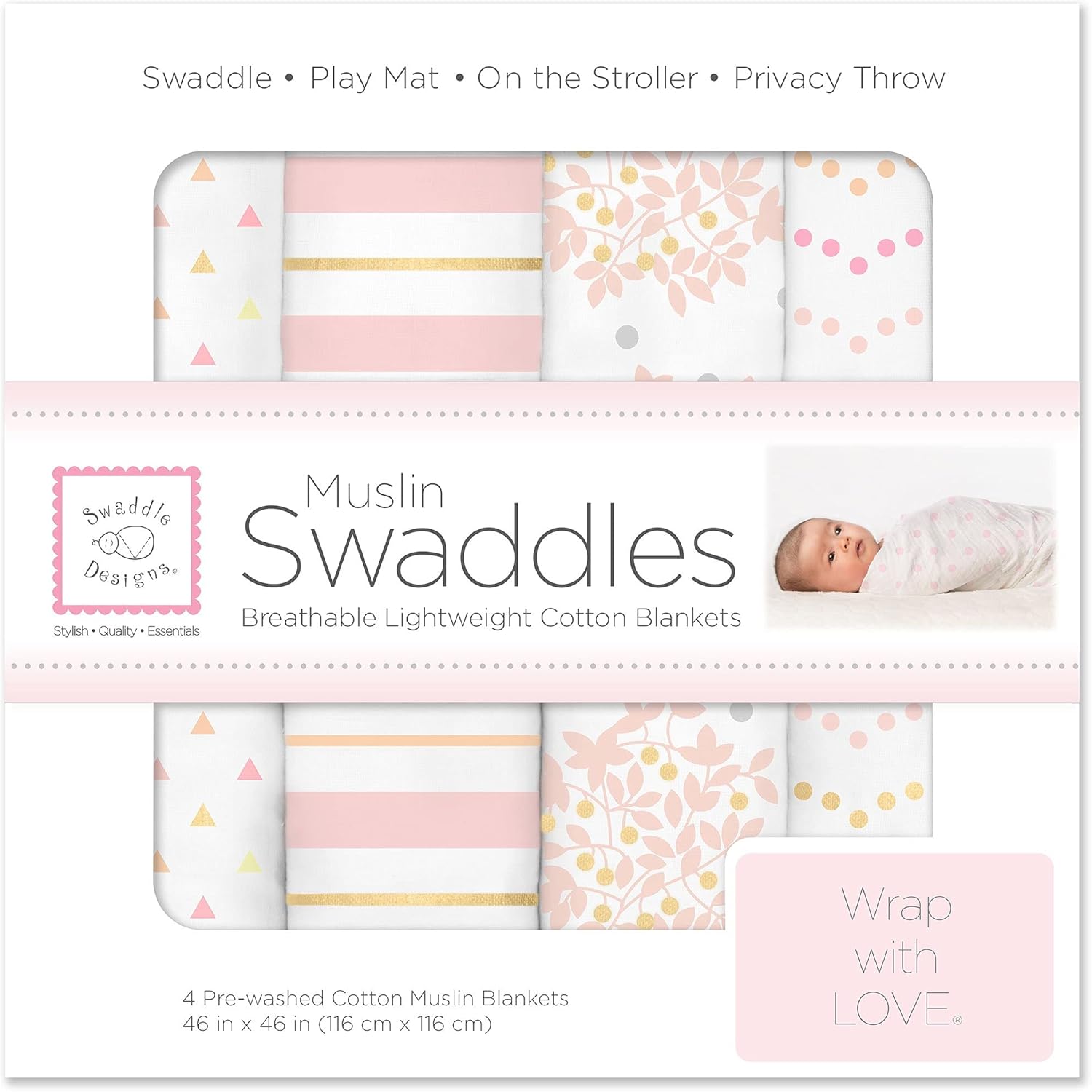 SwaddleDesigns Cotton Muslin Swaddle Blankets, Set of 4, Receiving Blankets for Baby Boys & Girls, Best Shower Gift, 46×46 inches, Pink Floral