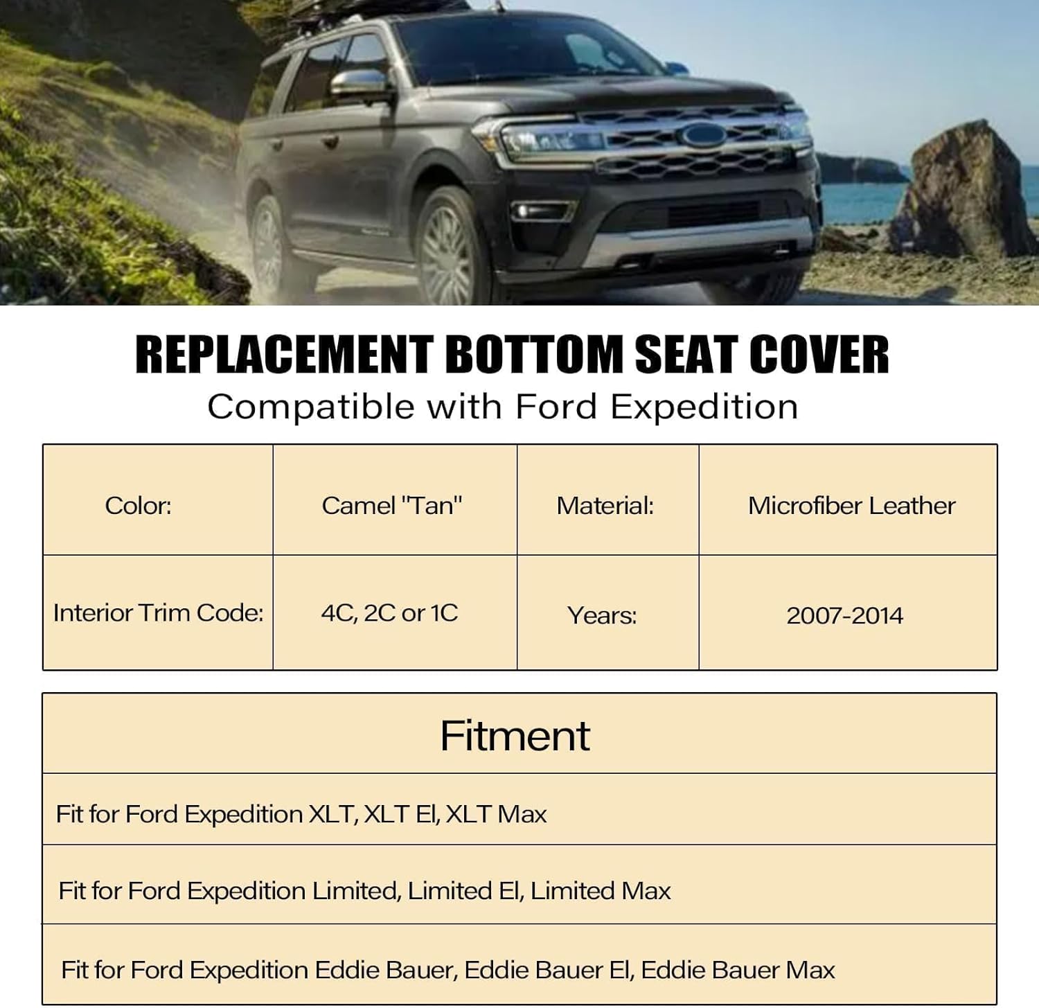 Front Driver Side Bottom Replacement Perforated Leather Seat Cover Tan Compatible with Ford Expedition 2007 2008 2009 2010 2012 2013 2014