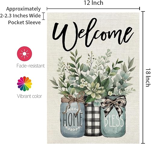 Miniatura 7 de CROWNED BEAUTY Bandera de primavera para jardín, tarro de eucalipto Mason de 12 x 18 pulgadas, doble cara, pequeña, de temporada, decoración floral