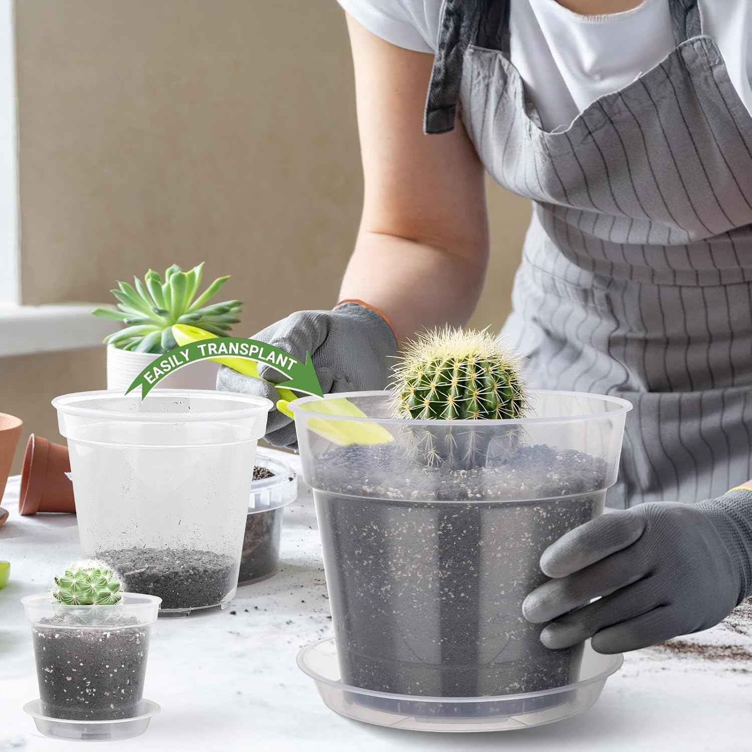 GREANER 4/5/6/7/8/9 Inch Clear Flexible Plant Pots, 24 Packs Plastic Flower Pots with 24 PCS Dureable Sacuers for Plants, Planter, Flower, Seed, Orchid(with 20PCS Plant Labels)