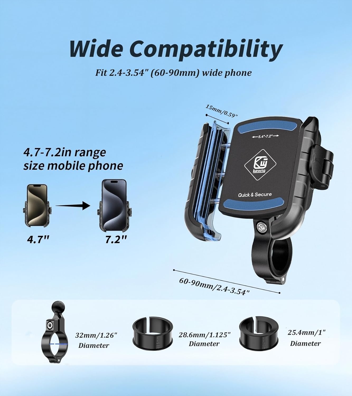 Kewig Motorcycle Phone Mount Holder with Aluminum Alloy Mounting Base, [1s Lock & Release] [Camera Friendly] Bike Handlebar Cellphone Mount for Bicycle Bike Scooter ATV, Fit 5.4-7.2" Smartphone