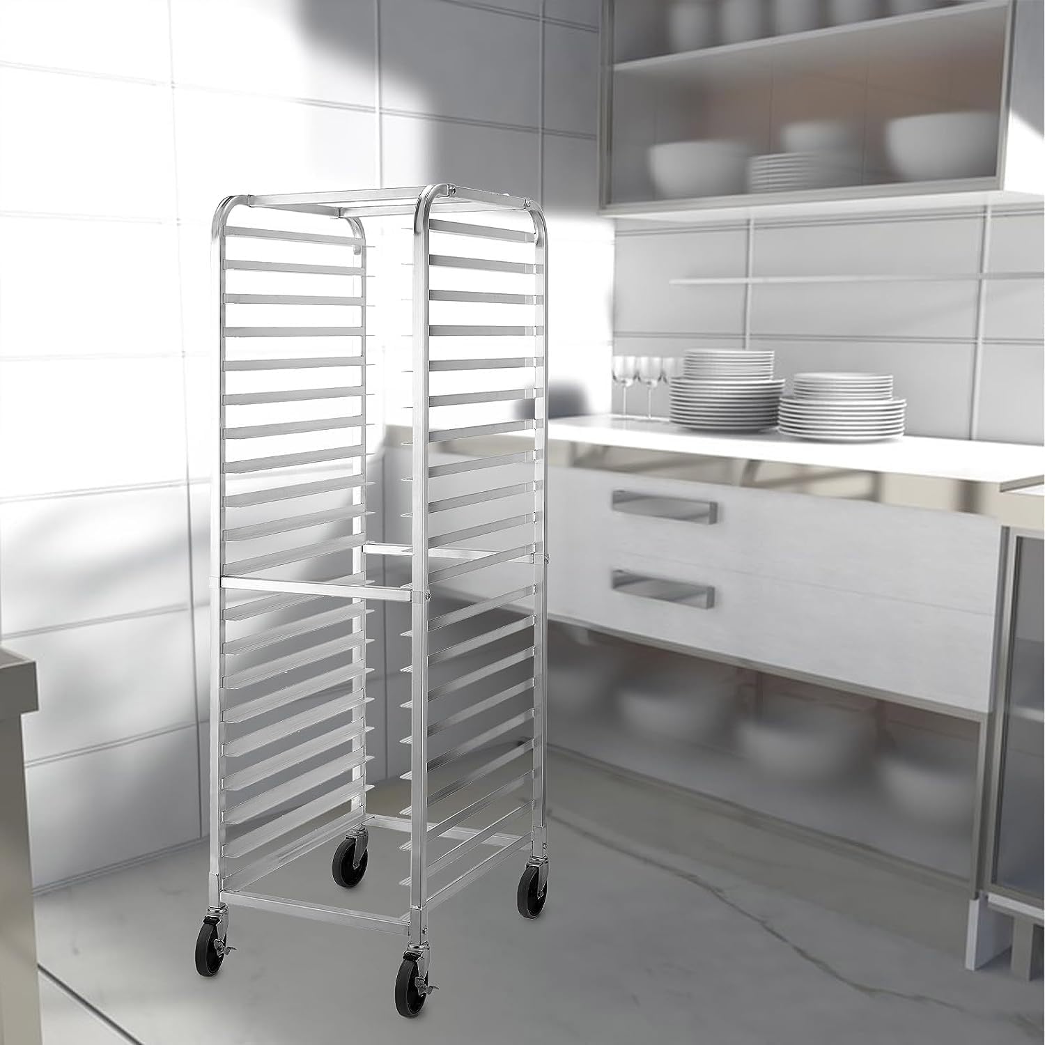 20-Tier Aluminum Sheet Pan Rack with Wheels – Commercial & Home Bakery Cooling Rack for Half/Full Size Pans – Heavy-Duty Racking Trolley for Efficient Kitchen Storage