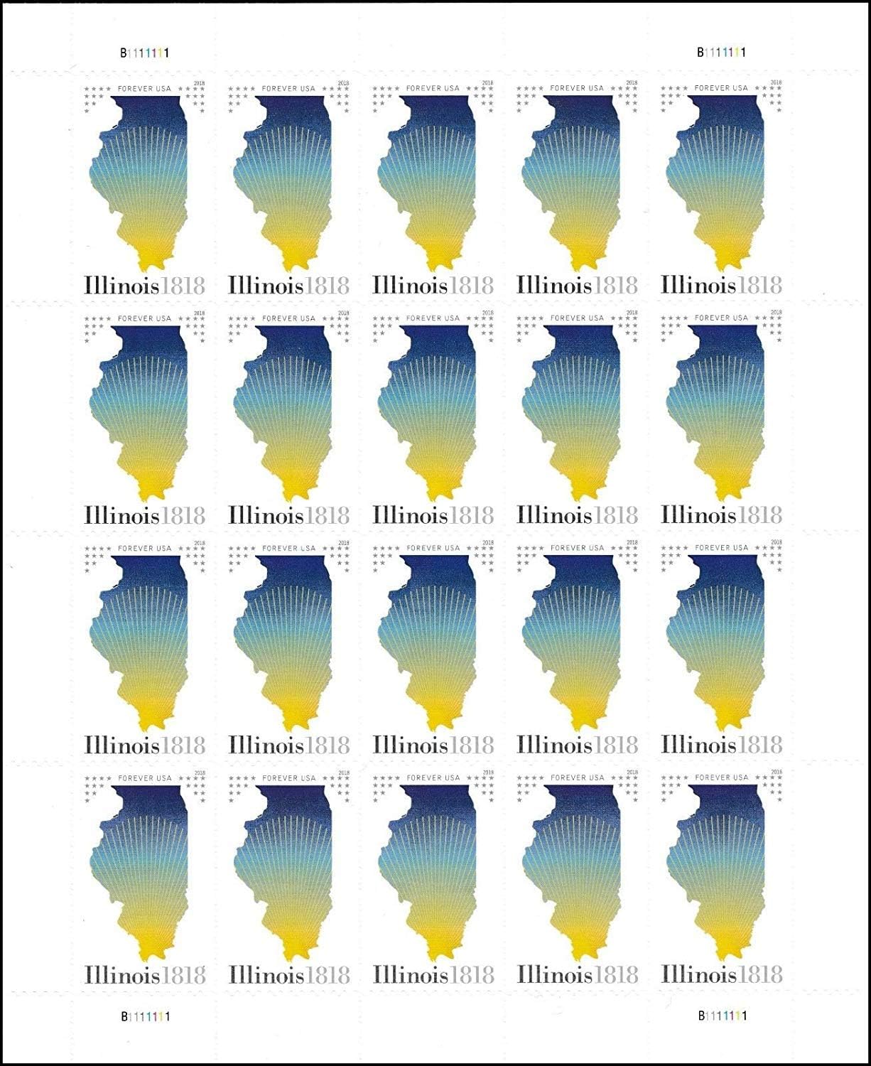 2018 Illinois Statehood Pane of 20 Forever Postage Stamps Scott 5274
