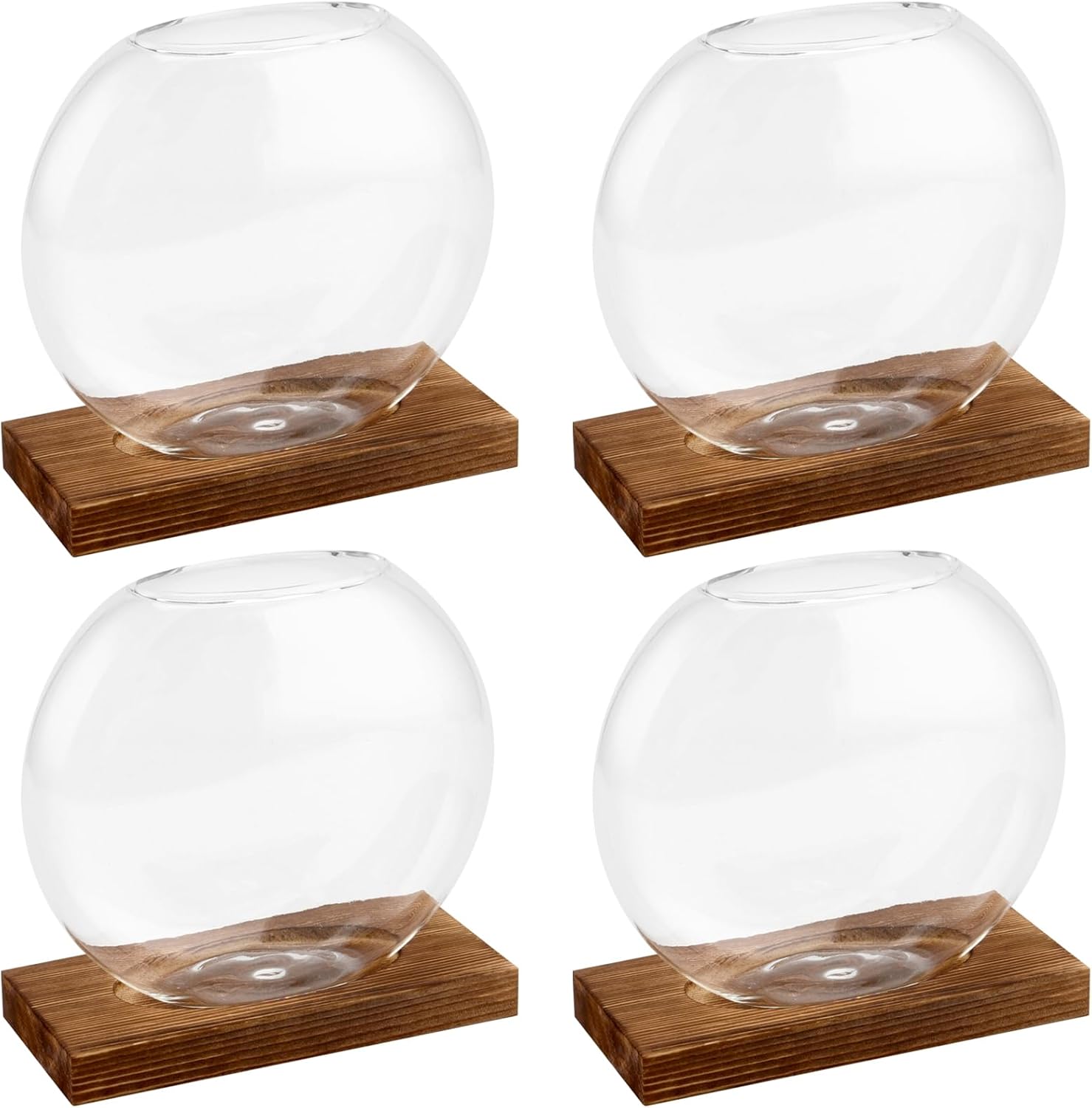 HAKZEON 4 Pack Desktop Round Glass Planter Hydroponics Vase, Glass Planter Terrarium Flower Vase with Wooden Stand, Propagated Plant Jars for Plants, Flower, Home Office Desktop Decor
