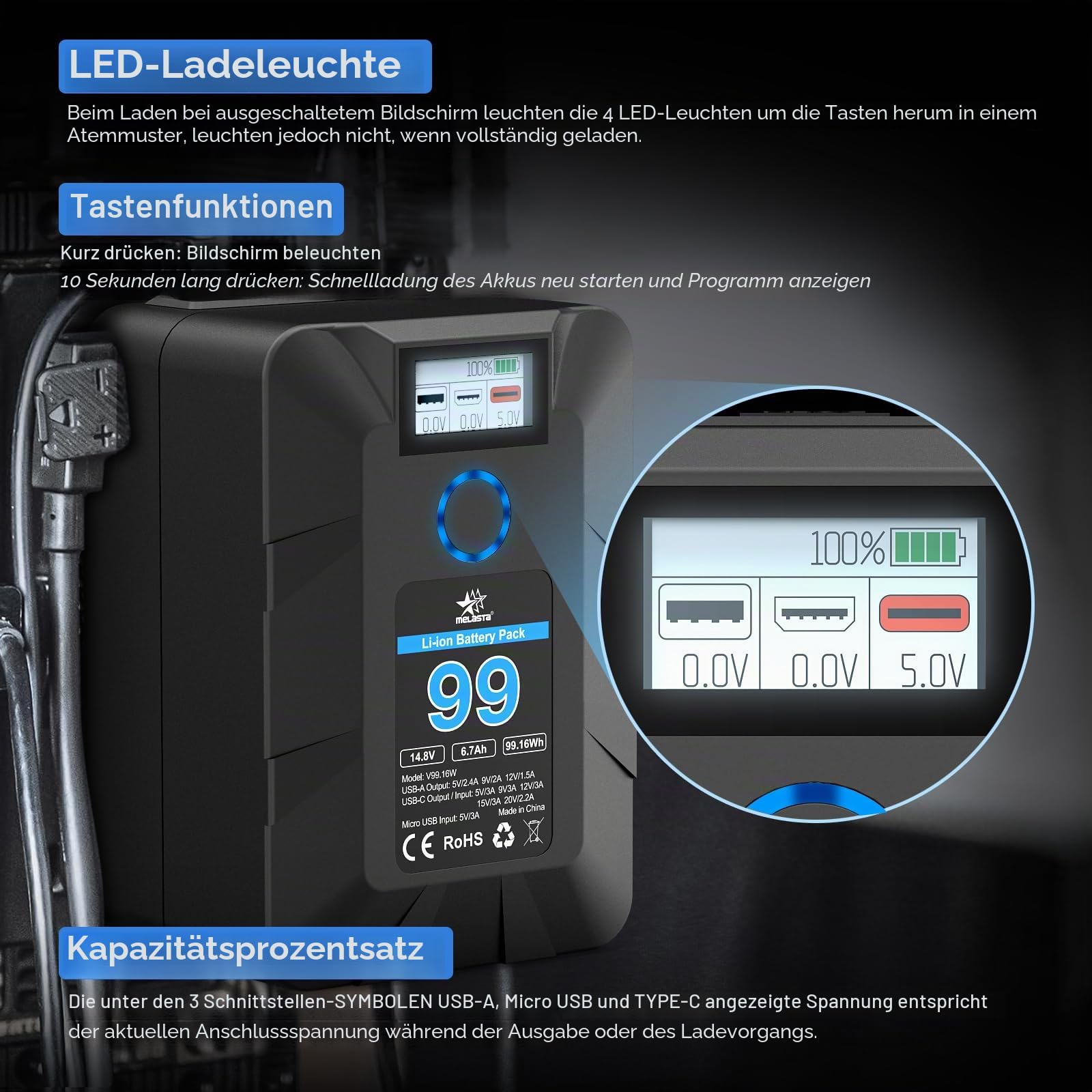 melasta Mini V Mount Akku Batterie 99Wh 6700mAh 14.5V, V Mount Akku mit PD 45W USB-C Schnellladung, mit D-TAP, USB-A, OLED-Bildschirm, für Kamera, Camcorder, Videoleuchte