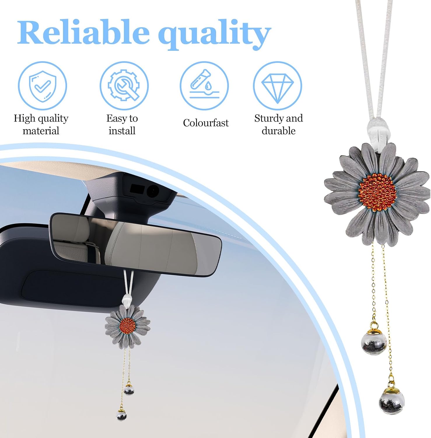 Hovom Daisy Hanging Ornament for Rear View Mirror, Cute Daisy Flower Car Hanging Charms for Women Girls, Handmade Sunflower Auto Interior Pendant Decoration Aesthetic Gift, Car Accessories (Gray) image 5