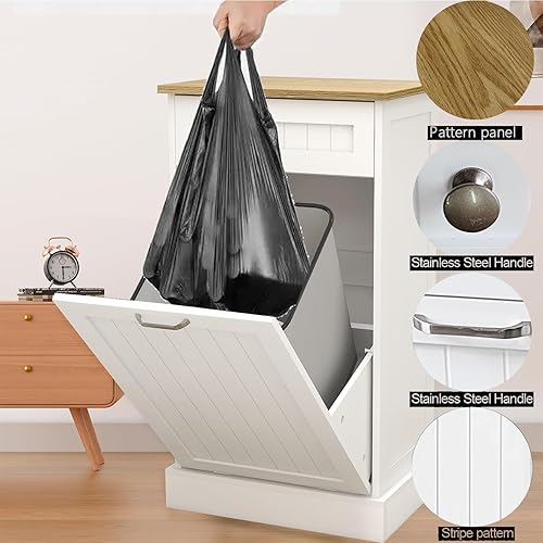 Miniatura 6 de RASOO Gabinete de basura de doble inclinación hacia fuera, cesta de lavandería independiente de madera con 2 cajones, cubo de basura de cocina para