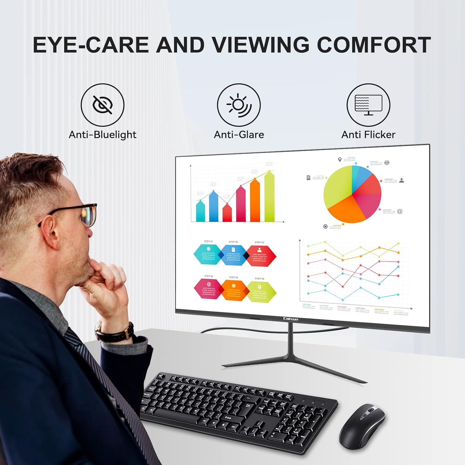 Image showing a person comfortably using the Caixun monitor, with icons representing Anti-Bluelight, Anti-Glare, and Anti-Flicker features.