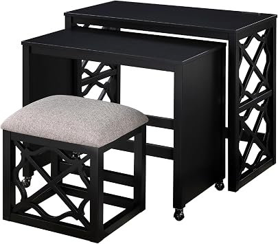 Benzara Syna 3 Piece Nesting Desk and Stool Set, Black Wood, Gray Polyester