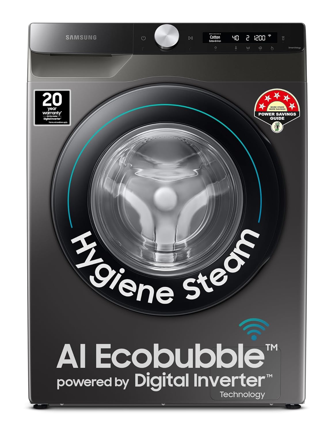 Samsung 8 kg, 5 star, Eco Bubble Technology, AI Control, Wi-Fi, Digital Inverter, Motor, Fully-Automatic Front Load Washing Machine (WW80T504DAX1TL, Hygiene Steam, Inox) Samsung 8 kg, 5 star, Eco Bubble Technology, AI Control, Wi-Fi, Digital Inverter, Motor, Fully-Automatic Front Load Washing Machine (WW80T504DAX1TL, Hygiene Steam, Inox)