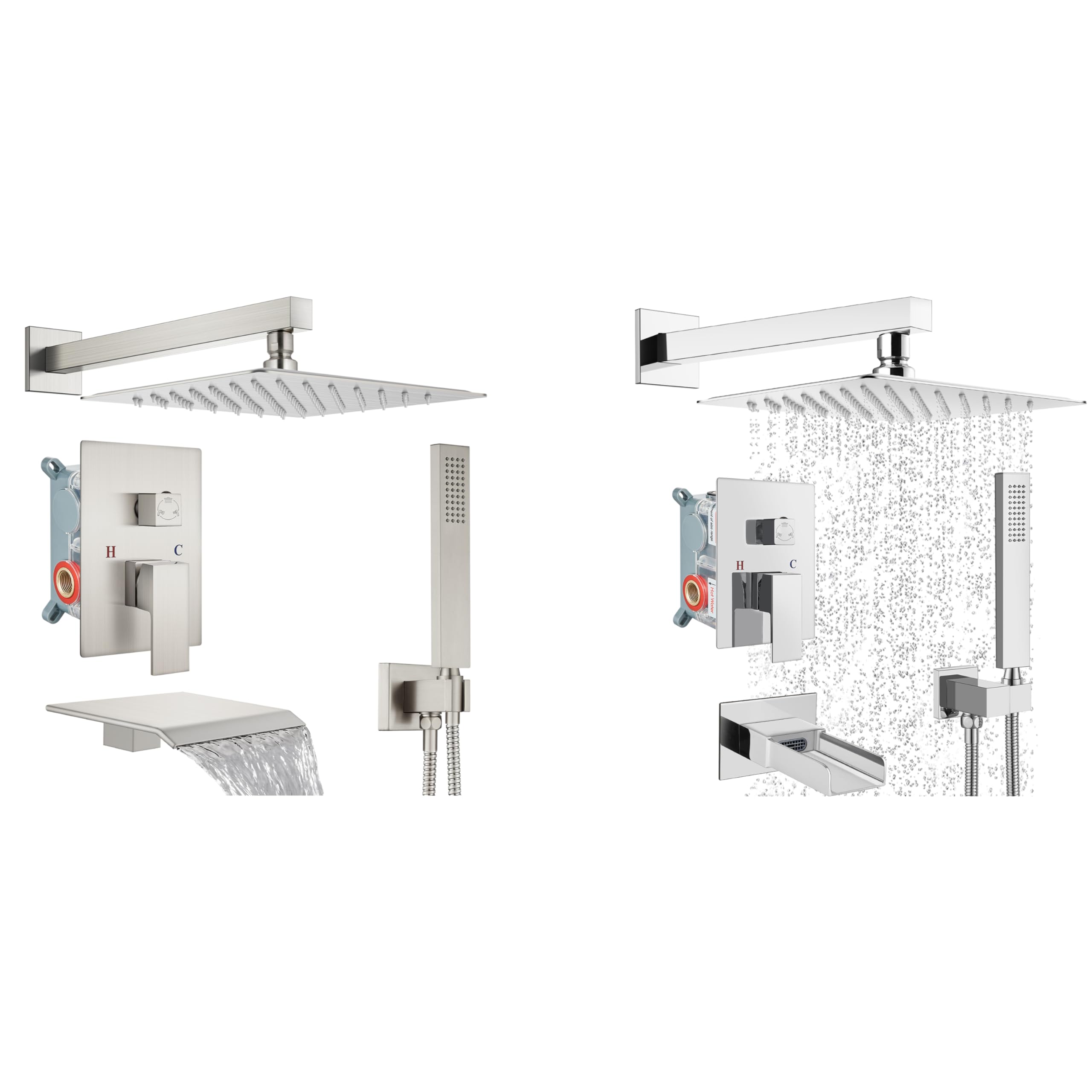 Hcfyauis Shower System With Tub Spout 10 Inch Brushed Nickel And Rain Shower System Tub Shower Faucet Set 12 Inch Polish Chrome