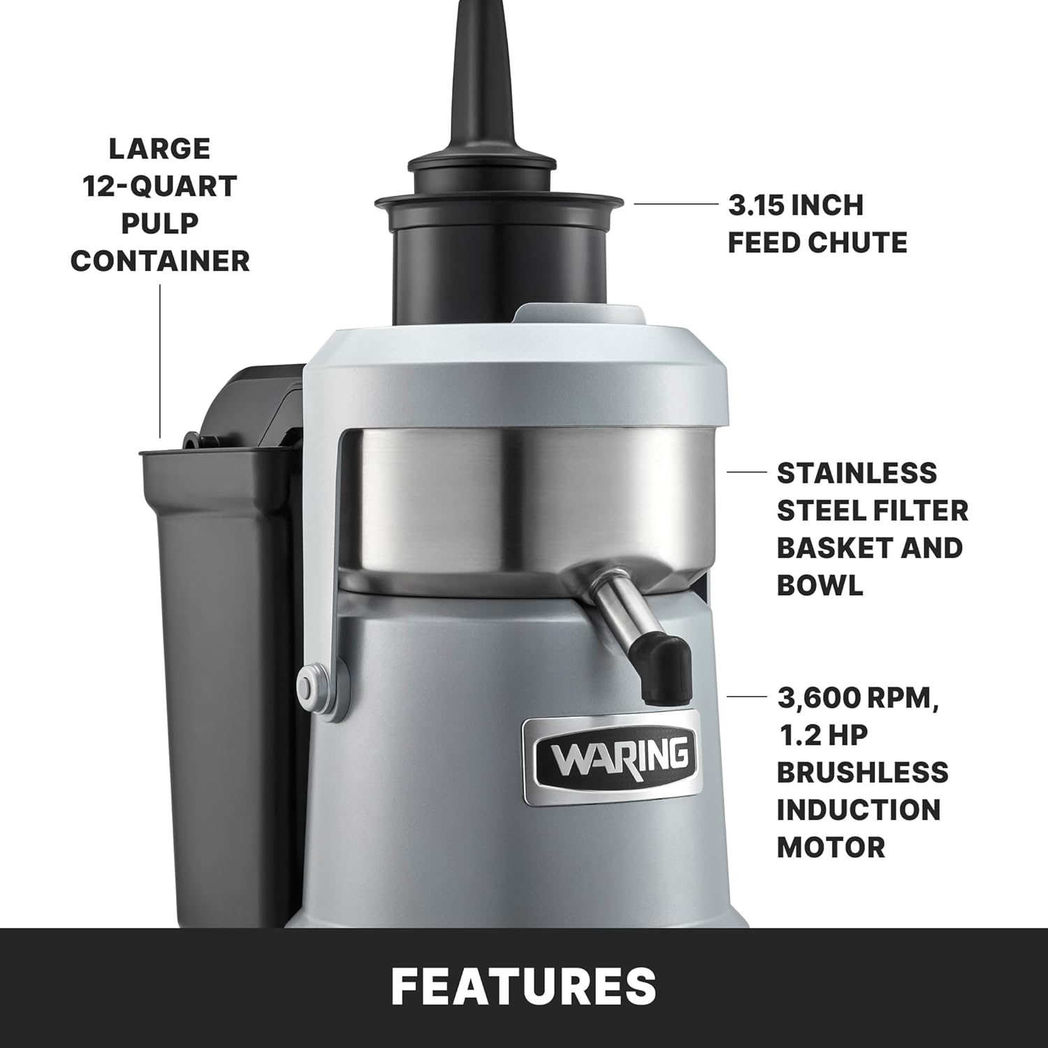 Waring Commercial Pulp Juice Extractor, Heavy-Duty 1.2HP, 12 Quart, Eject Centrifugal Juicer, Continuous Operation, Wide Chute, Commercial Foodservice Pro Use for Bars, Restaurants, and Health Clubs