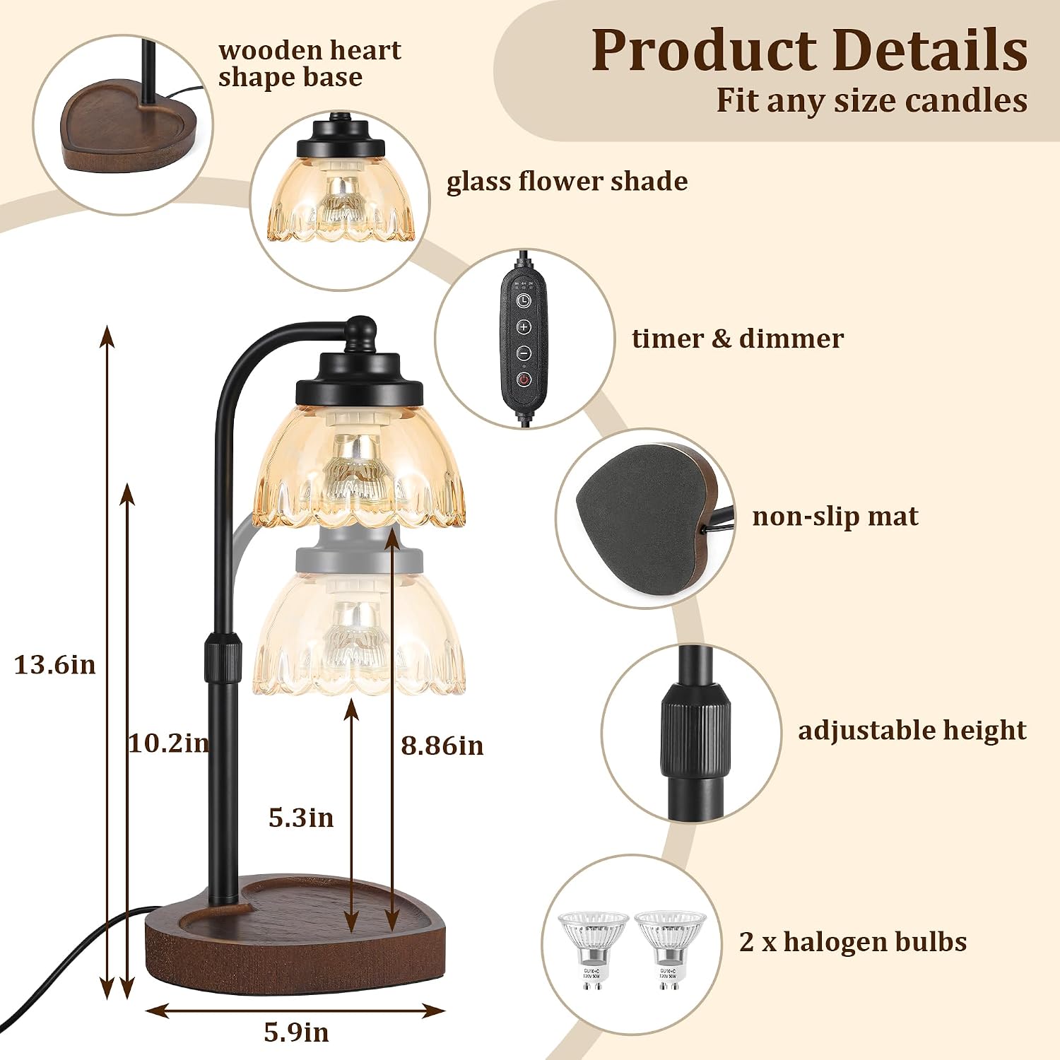 Candle Warmer Lamp, Adjustable Height Candle Lamp Warmer with Heart-Shaped Wooden Base, Vintage Glass Flower Shade, 2 Halogen Bulbs Included, Flameless Gift for Home Decor (Black)