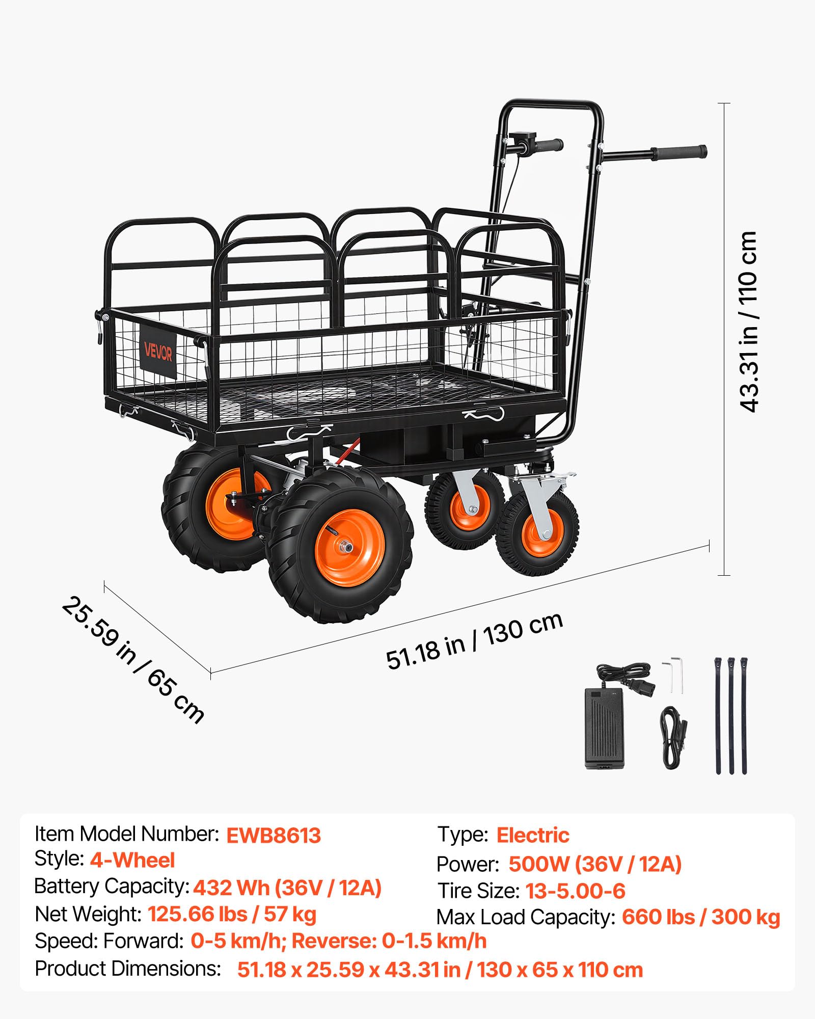 VEVOR Elektro Gartenwagen, 36V 432Wh Akku-Betriebener Elektrowagen, 500W Schubkarre mit 90°-Kippfunktion & Bremse, 300 kg Tragkraft, Robuster Stahl-Gartenwagen für Landwirtschaft & Hof