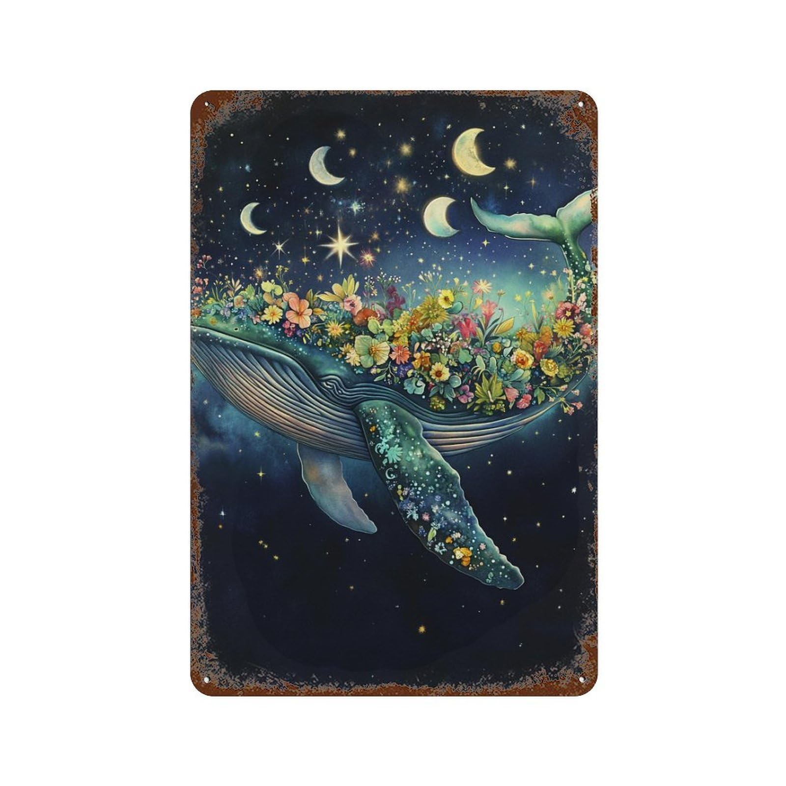 Whale with Flowers in Space-2 Retro Metal Sign 11.8"x7.9", Farmhouse Wall Decor for Garage, Pub Or Kitchen