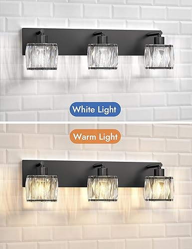 Miniatura 4 de VOLISUN Luces de tocador de cristal para baños, luz de tocador de baño de 3 luces, moderna luz de baño negra mate sobre espejo, accesorios de luces