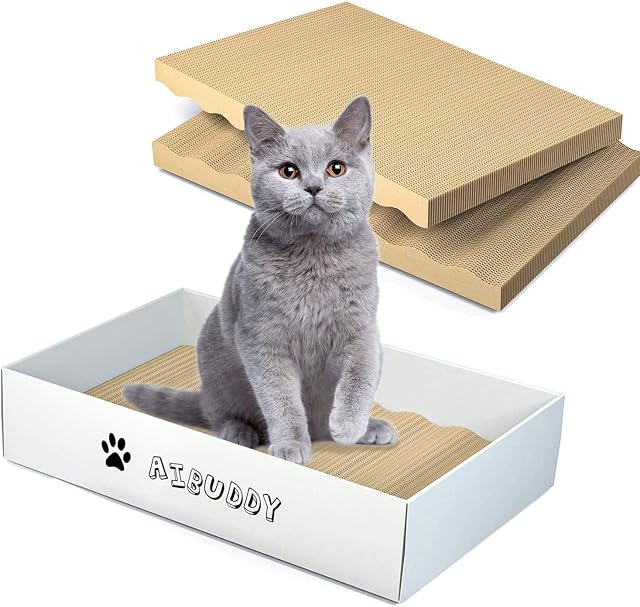 Aibuddy Cat Scratcher, 3PCS Cat Scratching Pads Lounge Bed Reversible Cardboardwith Organic Catnip [ Home Clean Design with Scratcher Box ]