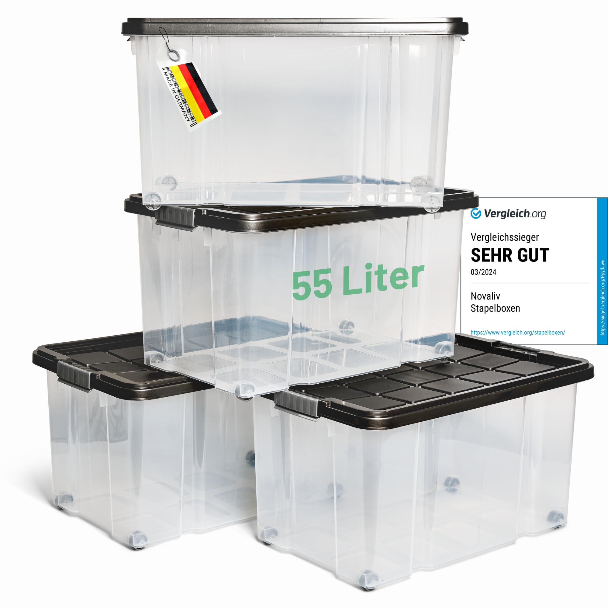Novaliv 4 cajas de almacenamiento con tapa, grandes, 55 L, color antracita, apilables, con cierre de clip, de plástico, sin BPA, 61 x 40 x 32,5 cm