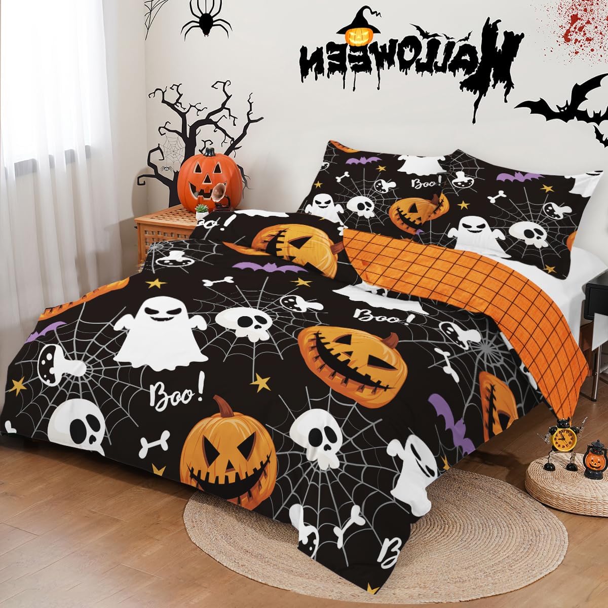 Halloween Duvet Cover Set Queen,3 Pieces Black Skull Pumpkin Cobweb Bedding Cover Set with 2 Pillowcases Ghost Festival Themed Bedding Set Queen 90x90In(Not Comforter)