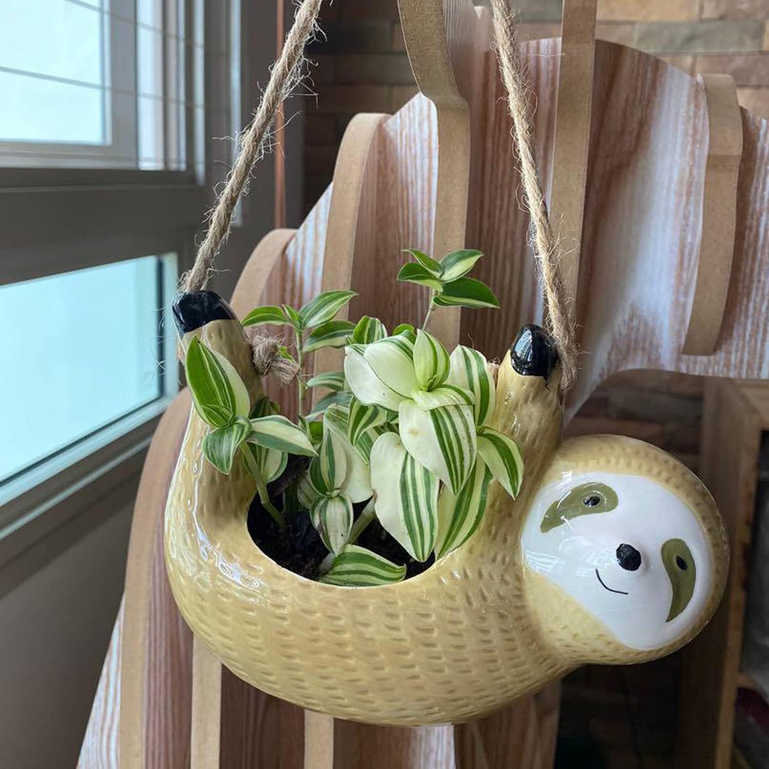 Sloth Gifts for Women, Hanging Planter for Indoor Outdoor Plants, Ceramic Pot for Succulent Cactus, Gardening Flowerpot for Plant Lover Yellow
