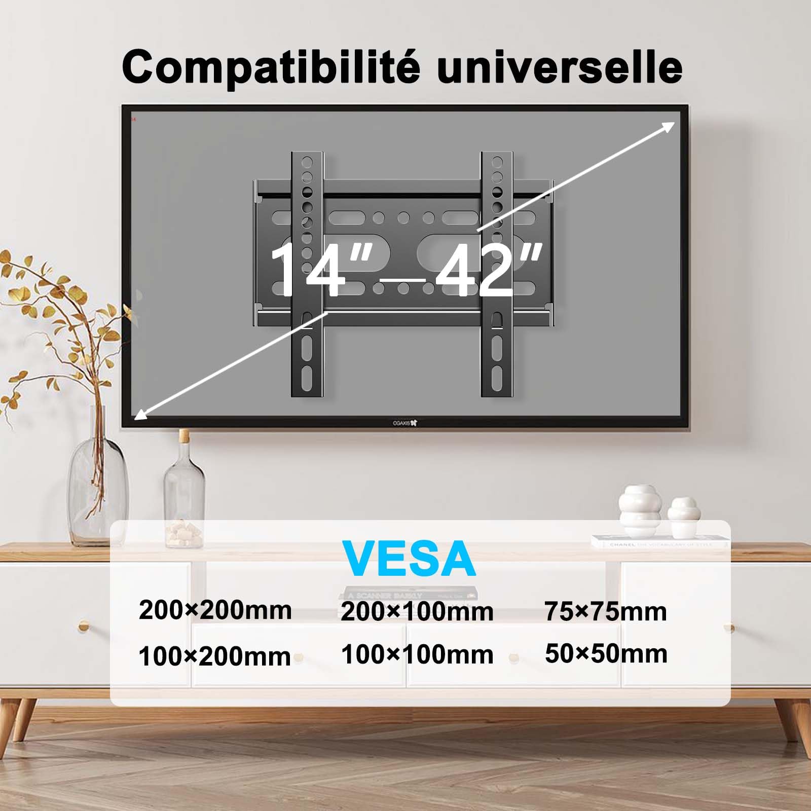 Support Mural TV Fixe pour 14-42 Pouces,VESA jusqu'à 200x200mm Poids Maximal 25KG, 19 24 27 32 37 Pouces Petit écran de télévision Ultra - Mince Support Mural pour Moniteur,Support Mural TV