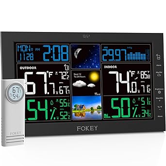 Weather Station Wireless Indoor Outdoor, Indoor Outdoor Thermometer Wireless, Home Atomic Clock Weather Stations, Digital Temperature Humidity Barometer Inside Outside Thermometers, Black