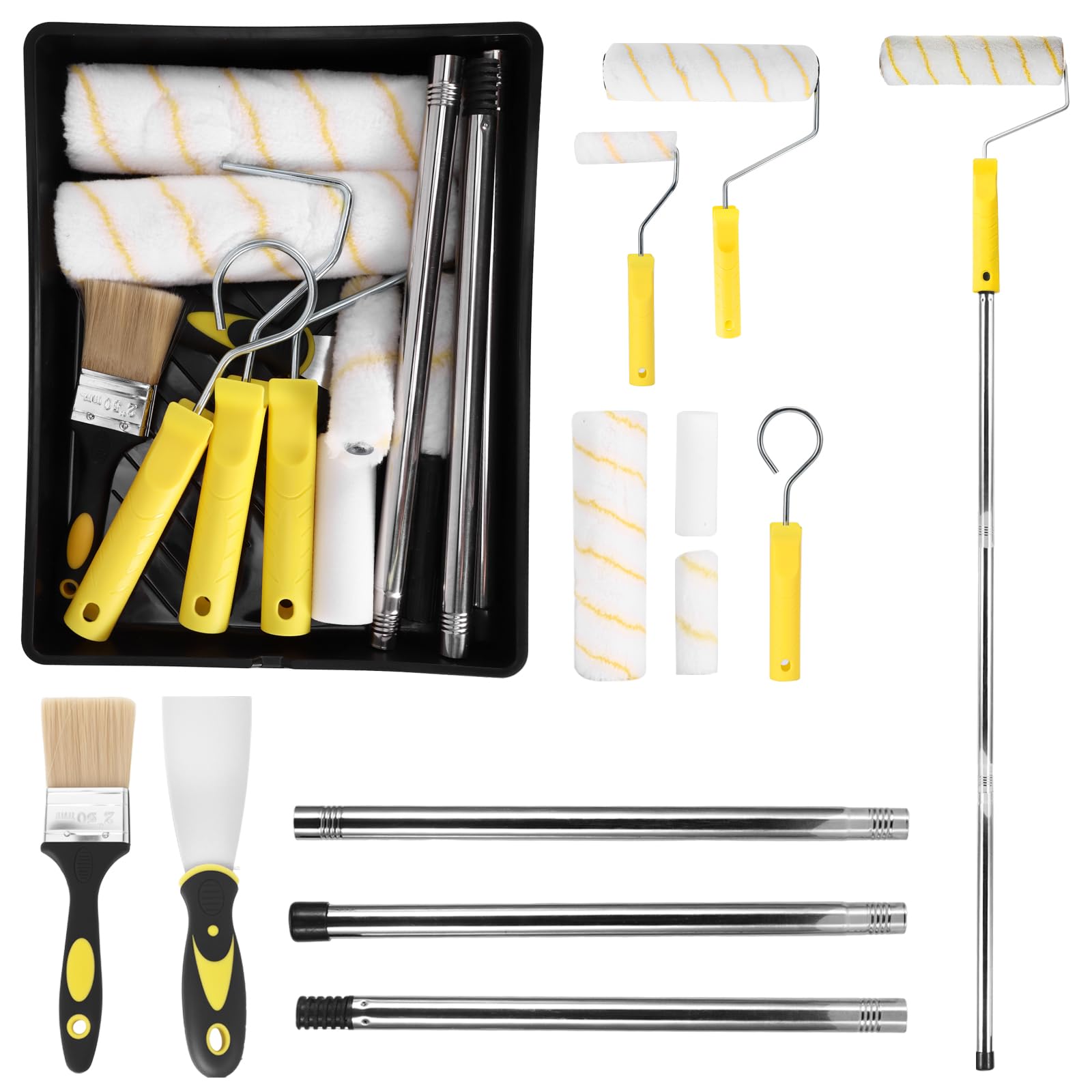 Lot de 15 rouleaux de peinture de 22,9 cm avec manche d'extension, comprend un plateau de peinture, un pinceau, des rouleaux, un mélangeur de peinture, un grattoir pour peinture pour murs et plafonds