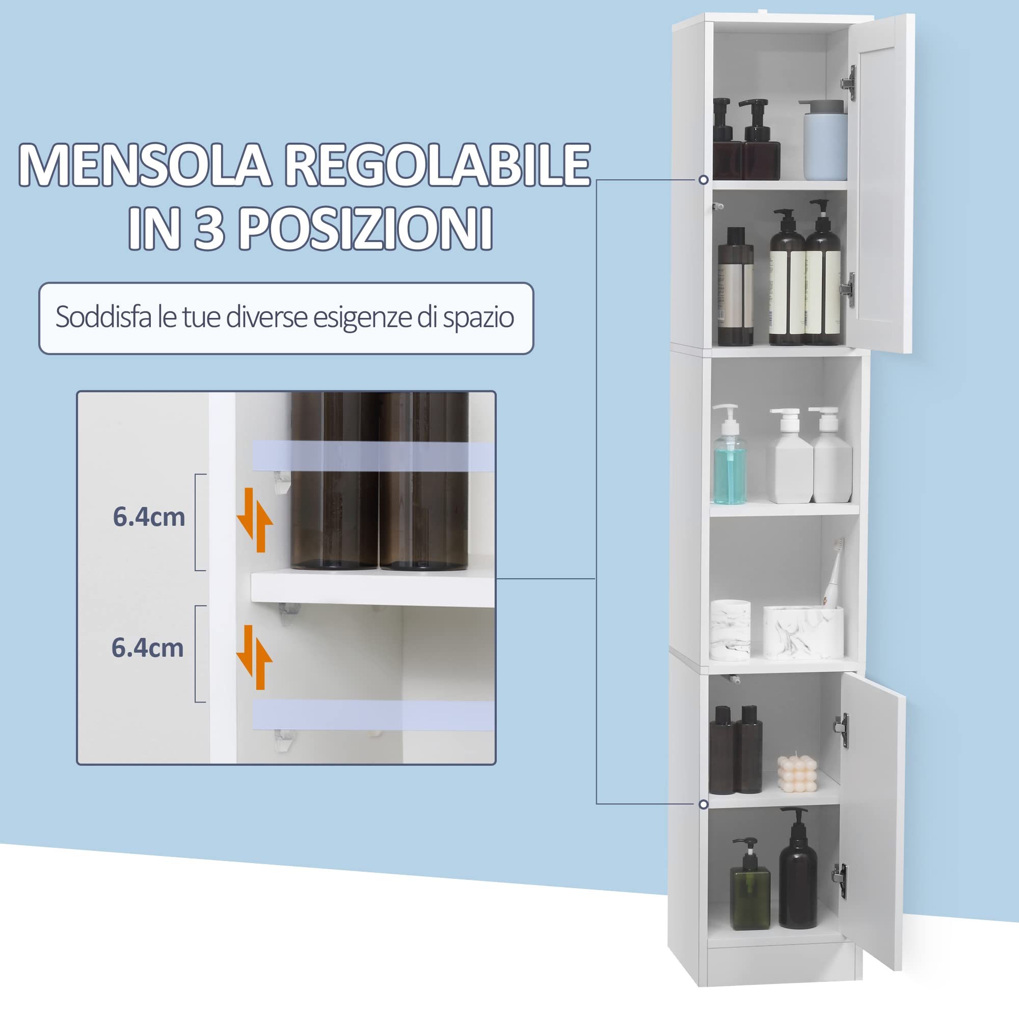 kleankin Colonna Bagno Salvaspazio con Specchio e Apertura a Pressione, Mobile da Bagno Multiuso in Legno, 30x28x170cm, Bianco
