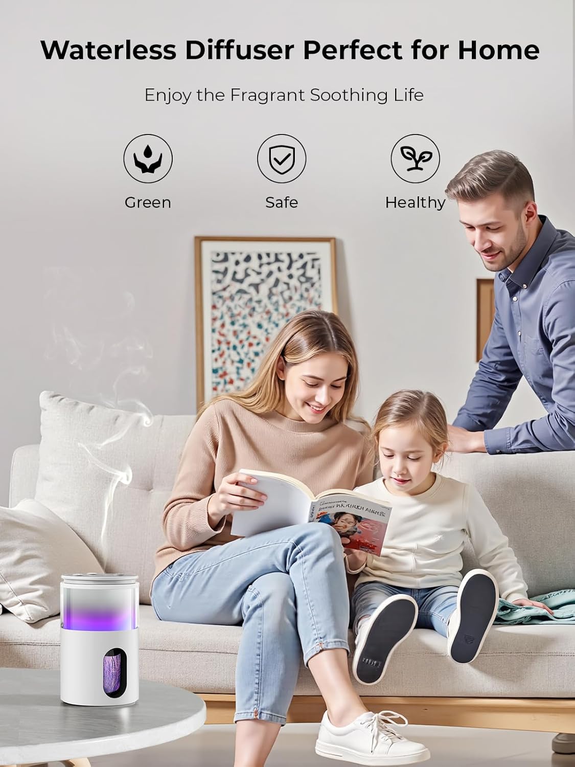 Waterless Diffuser for Essential Oil: Mini Battery Scent Diffuser for Room&Home&Car with 9 Colors LED Light - Aroma Cool Mist Machine Snow White