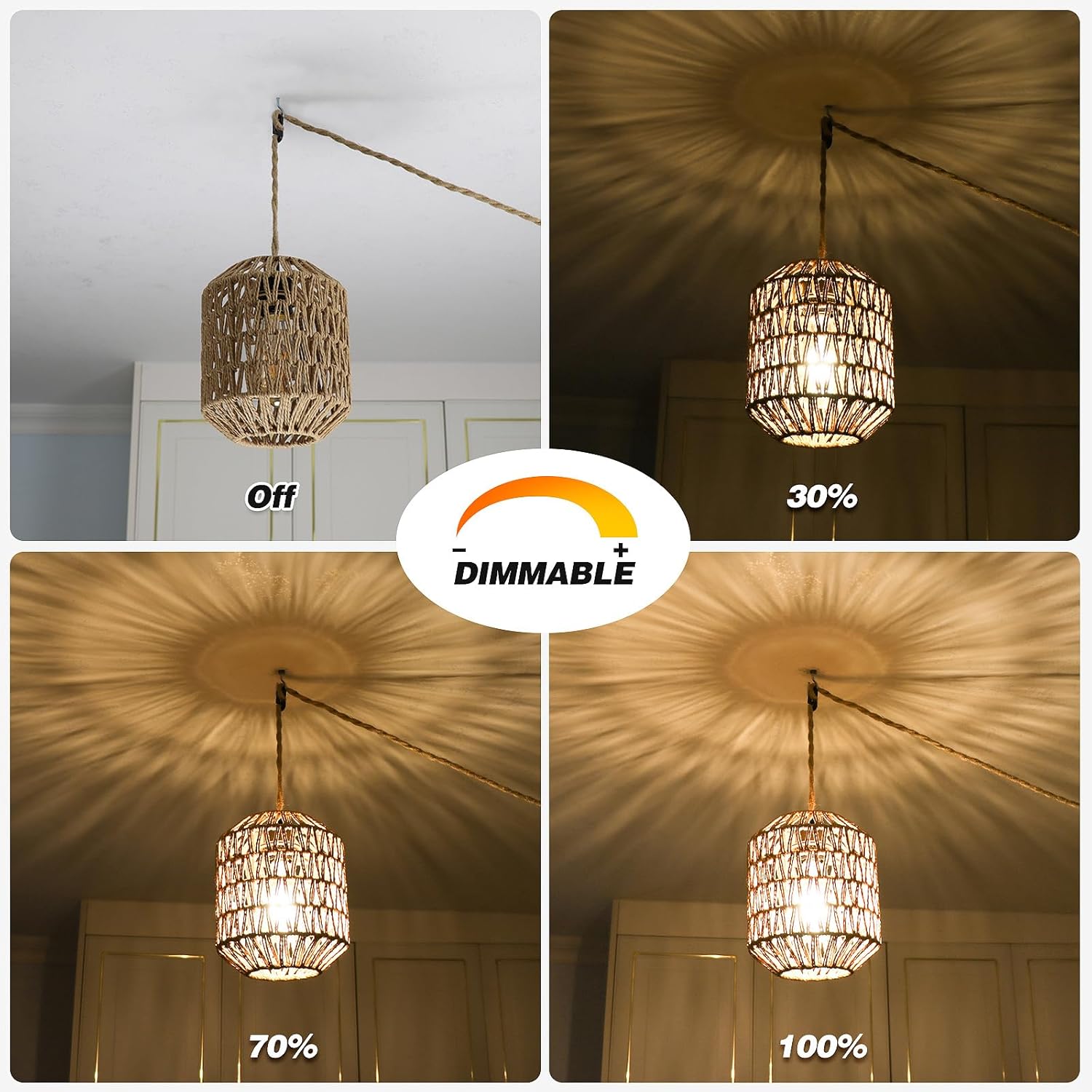 Plug In Pendant Light, 15FT Hemp Rope Cord,Hanging Lights With Plug In Cord Dimmable Rattan Hanging Lamp Wicker Woven Basket Lampshade, Industrial Plug In Ceiling Light Fixture For Kitchen (brown)