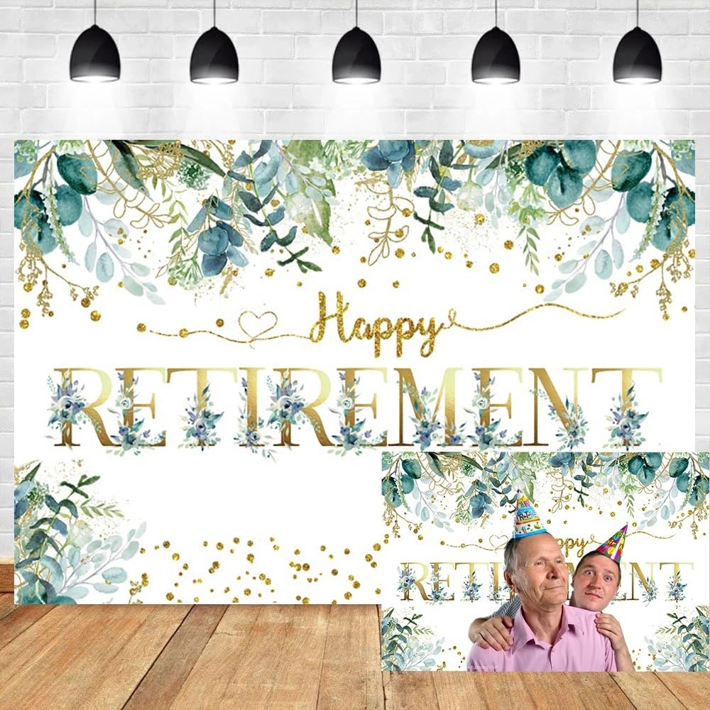 Leyiyi 7x5ft Happy Retirement Backdrop Greenery Retirement Party Photography Background Rustic Gold and Green Eucalyptus Leaves Sage Glitter Gold Dots