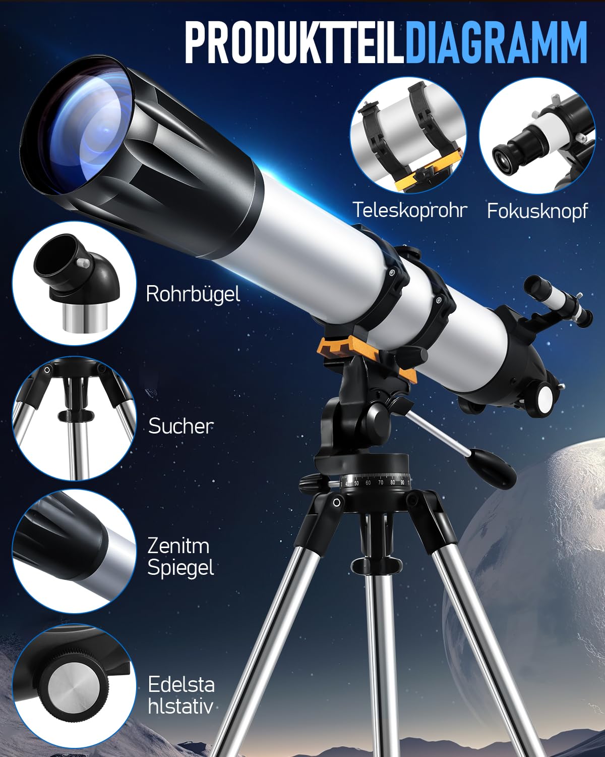 Teleskop Astronomie für Erwachsen, 90mm Öffnung 900mm Refraktor Teleskop für Kinder & Anfänger, Tragbares Reiseteleskop mit Stativ, Einem Handy-Adapter, Einer Kabellosen Fernbedienung