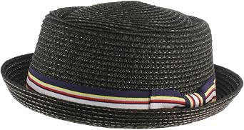 Mens Fancy Summer Straw Pork Pie Derby Fedora Upturn Brim Hat Black 56cm S/M