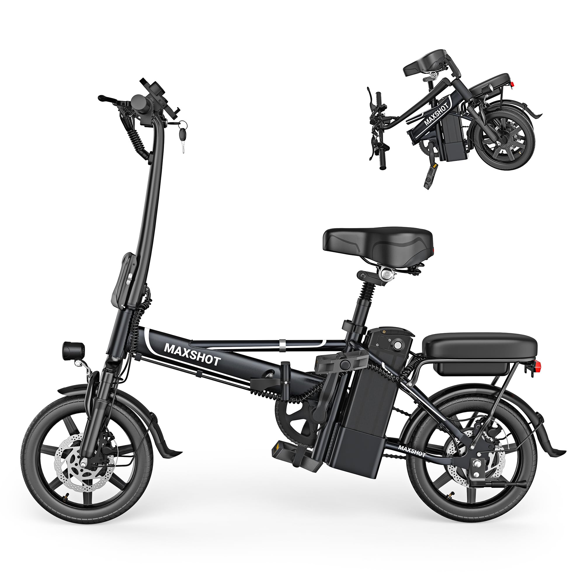MAXSHOT Electric Bike for Adults,Electric Bicycles Max 26/36 Miles Ranges up to 20 MPH,14" Folding Ebike with Peak 500W Motor.ebike with 499.2/749WH Removable Battery, Front & Rear Suspension