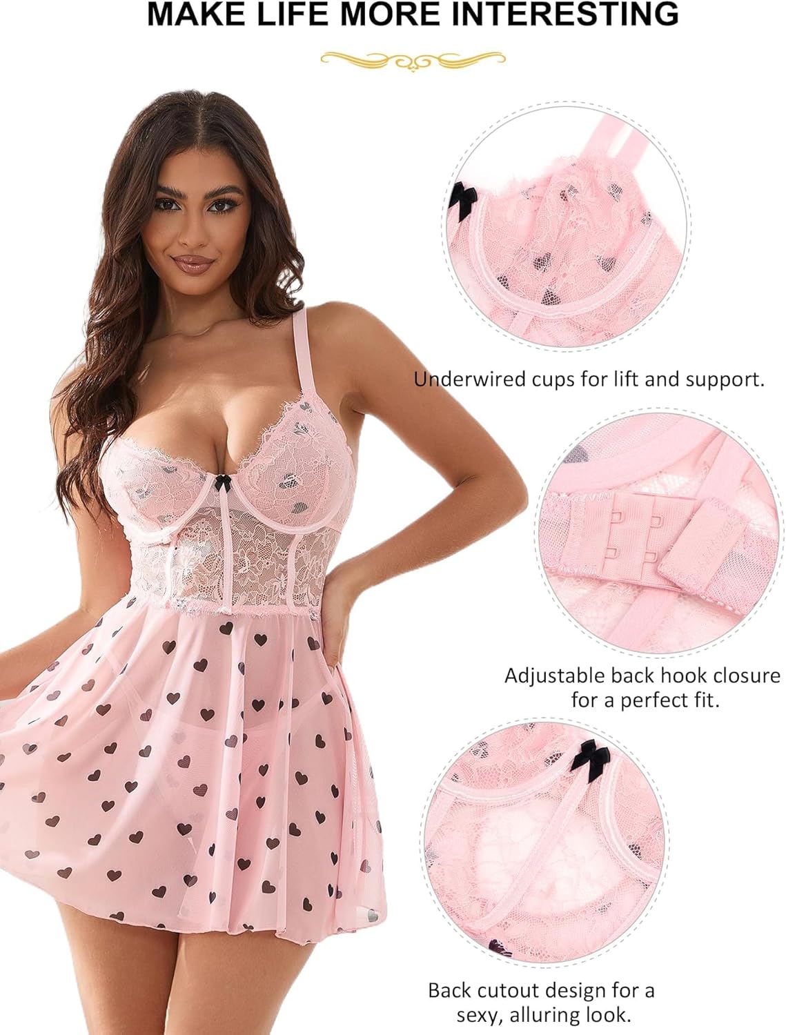 ohyeah Sexy PU Leather Mesh Babydoll Dress Lingerie Set for Women V Neck Slip Dress Underwire Nightgown Mini Boudoir Outfit