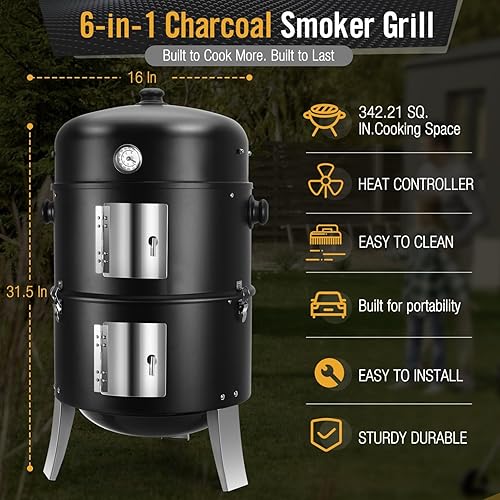 Miniatura 2 de Ahumador de carbón para carne Parrillas de carbón para barbacoa 4 en 1 resistentes de 16 pulgadas - Combo de parrilla vertical para ahumar barbacoa