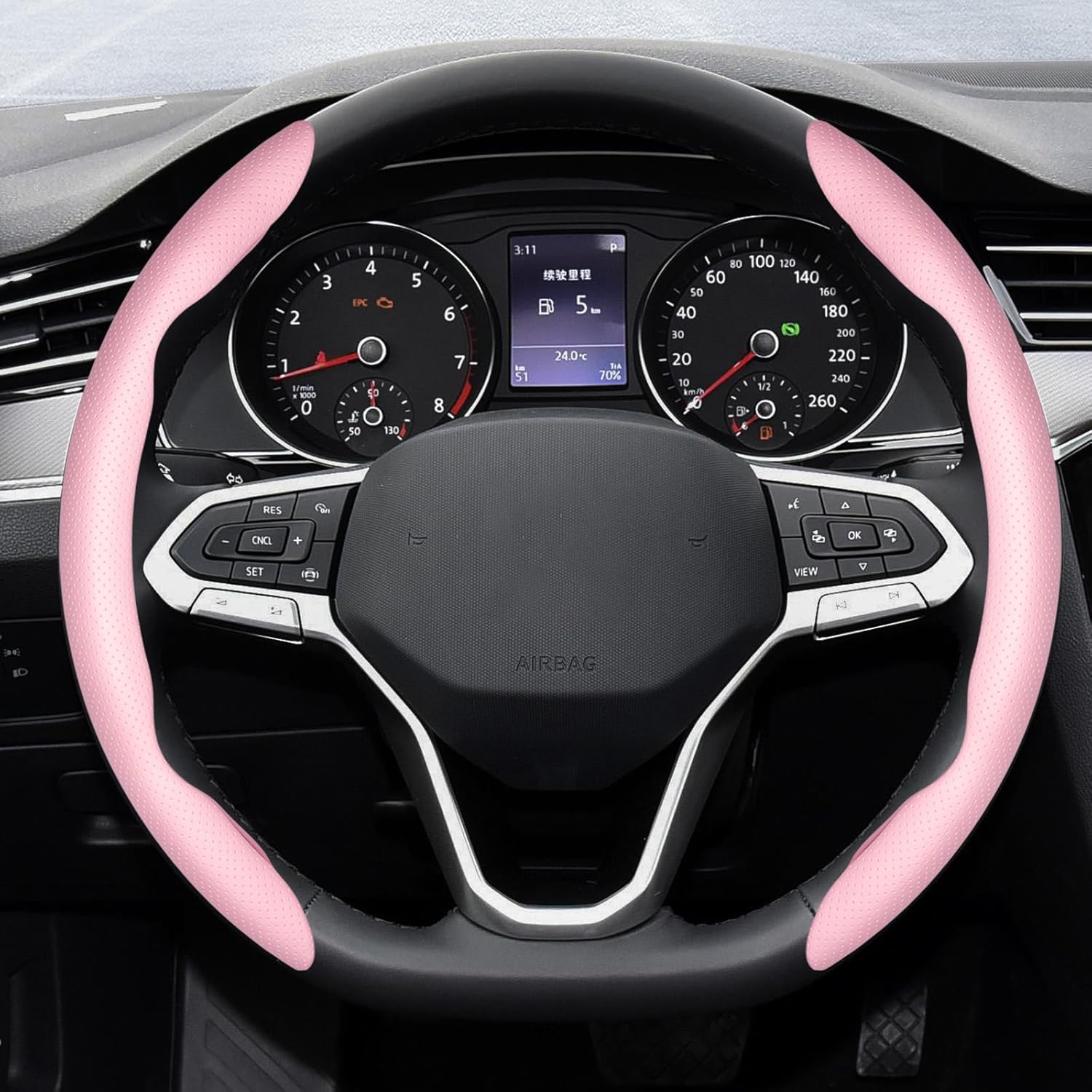 2-Piece Steering Wheel Cover, Carbon Fiber Segmented Steering Wheel Protector, Universal and Anti-Slip Durable Car Leather Protective Cover, Car Interior Accessories for Women and Men (Pink) - Image 4