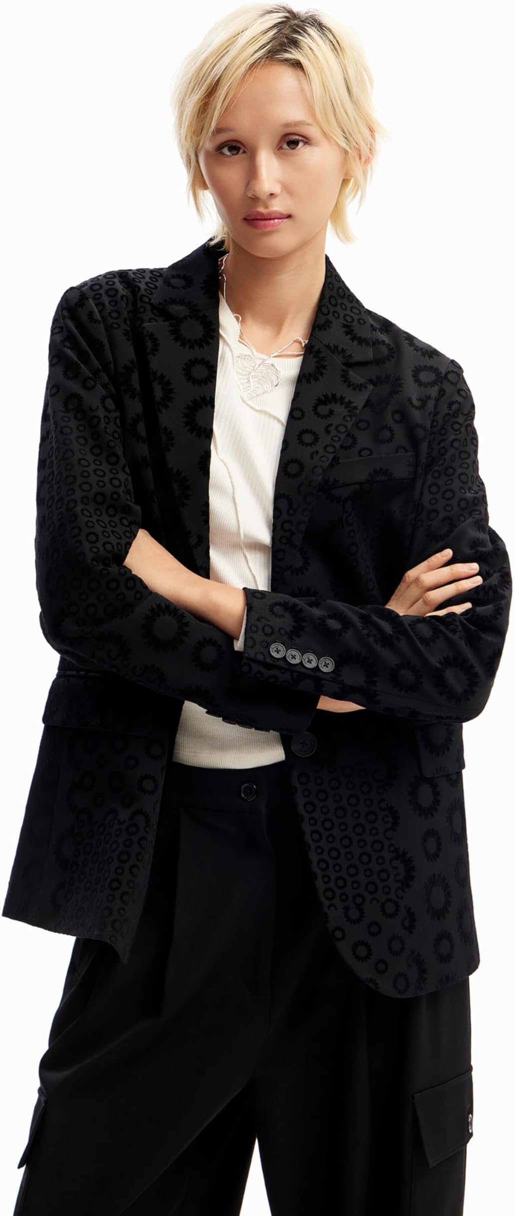 Desigual Sici Black Flocked Patchwork Blazer Jacket 23WWEWB9