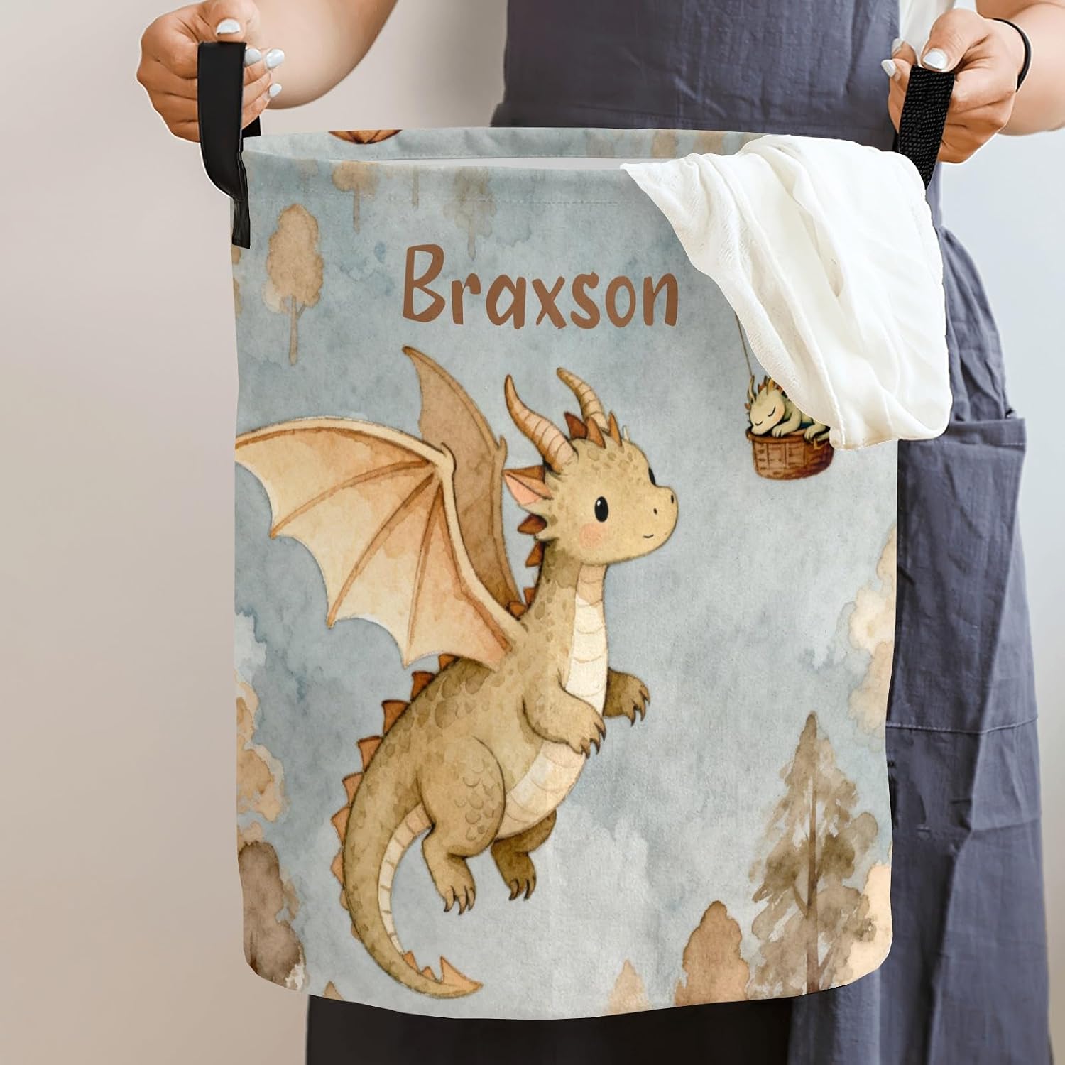 Flying Dragon Watercolor Personalized Laundry Basket Custom Name Collapsible Waterproof Laundry Hamper Clothes with Handle for Bedroom Bathroom Nursery Decor